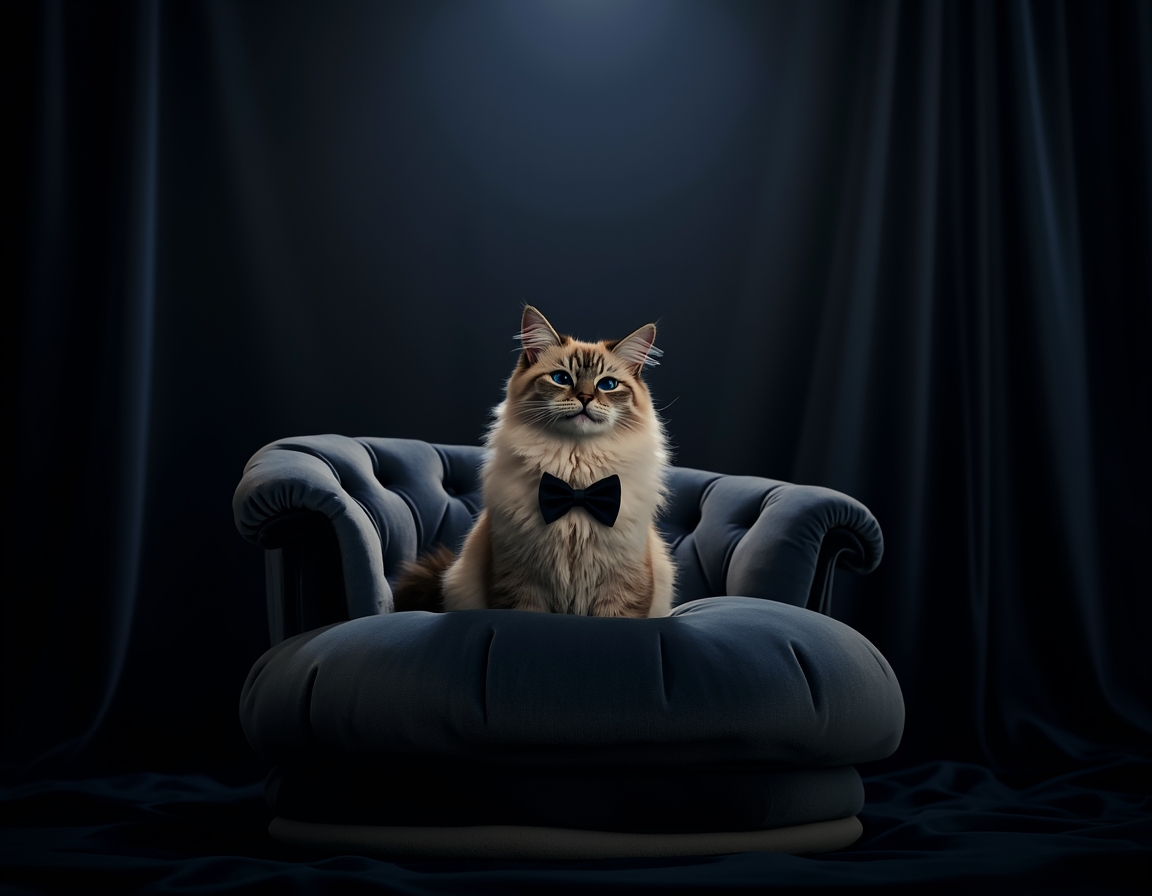 Photorealistic image of cat posed on a luxurious velvet chair in a studio. The backdrop is a deep navy blue with soft spotlighting that highlights the cat's fur and a sleek black bowtie, giving the scene a sophisticated, formal atmosphere.